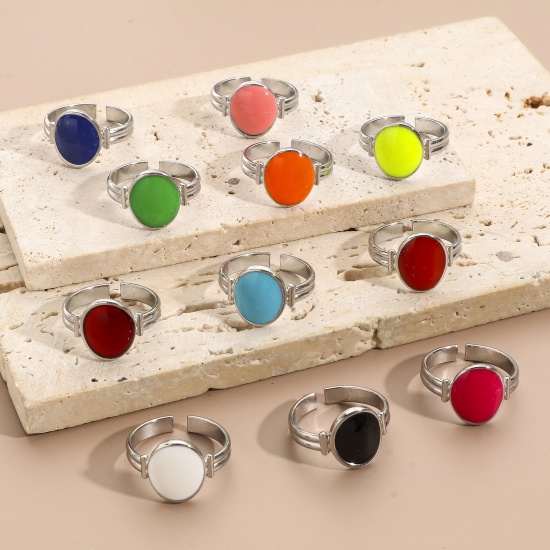 Immagine di Ecologico 304 Acciaio Inossidabile Aperto Regolabile Anello Tono Argento Ovale Smalto 16.9mm (taglia di US: 6.5), 1 Pz