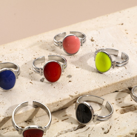 Immagine di Ecologico 304 Acciaio Inossidabile Aperto Regolabile Anello Tono Argento Ovale Smalto 16.9mm (taglia di US: 6.5), 1 Pz