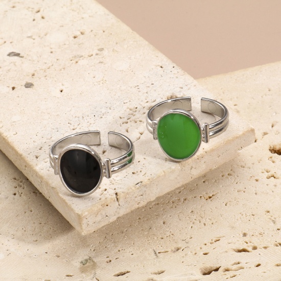 Immagine di Ecologico 304 Acciaio Inossidabile Aperto Regolabile Anello Tono Argento Ovale Smalto 16.9mm (taglia di US: 6.5), 1 Pz