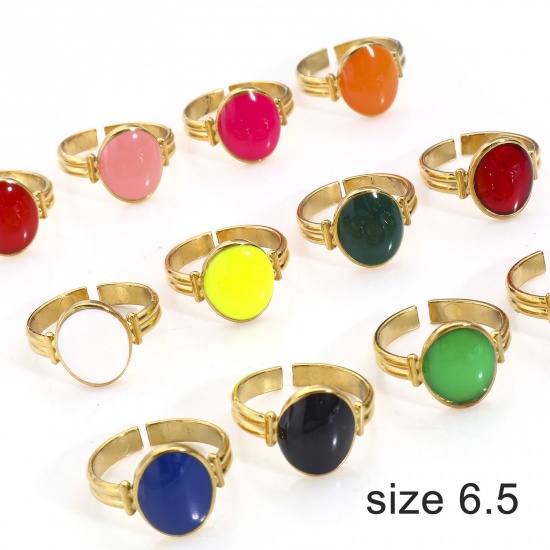 Bild von Umweltfreundliche Vakuumbeschichtung 304 Edelstahl Offen Verstellbar Ring 18K Gold plattiert Oval Emaille 16.9mm（US Größe:6.5), 1 Stück