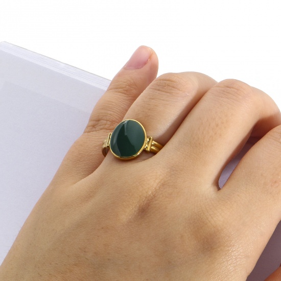 Bild von Umweltfreundliche Vakuumbeschichtung 304 Edelstahl Offen Verstellbar Ring 18K Gold plattiert Oval Emaille 16.9mm（US Größe:6.5), 1 Stück