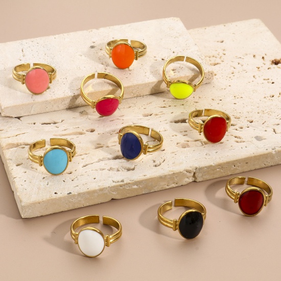 Bild von Umweltfreundliche Vakuumbeschichtung 304 Edelstahl Offen Verstellbar Ring 18K Gold plattiert Oval Emaille 16.9mm（US Größe:6.5), 1 Stück