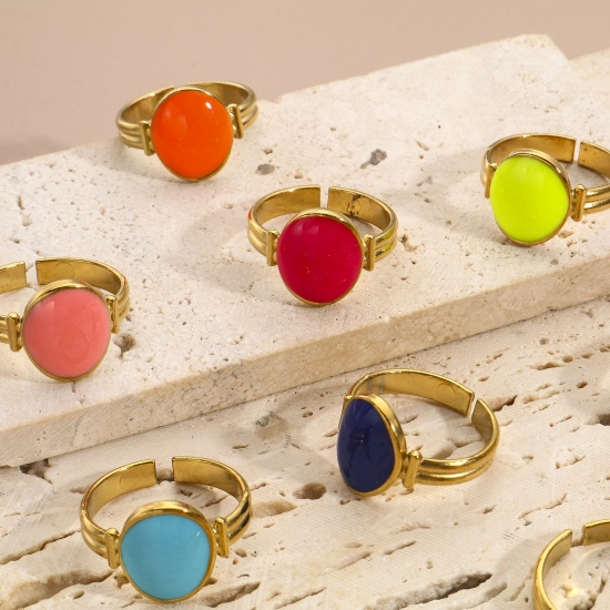 Bild von Umweltfreundliche Vakuumbeschichtung 304 Edelstahl Offen Verstellbar Ring 18K Gold plattiert Oval Emaille 16.9mm（US Größe:6.5), 1 Stück