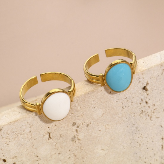 Bild von Umweltfreundliche Vakuumbeschichtung 304 Edelstahl Offen Verstellbar Ring 18K Gold plattiert Oval Emaille 16.9mm（US Größe:6.5), 1 Stück