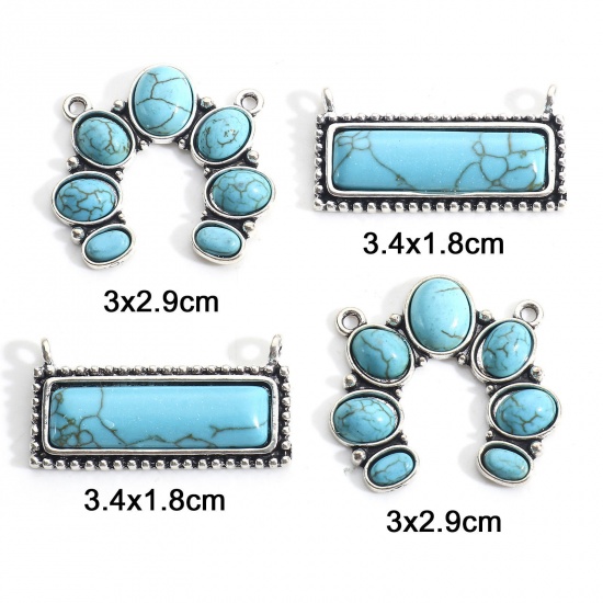 Picture of Zinc Based Alloy Boho Chic Bohemia Connectors Charms Pendants Antique Silver Color Green Blue With Resin Cabochons Imitation Turquoise