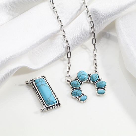 Picture of Zinc Based Alloy Boho Chic Bohemia Connectors Charms Pendants Antique Silver Color Green Blue With Resin Cabochons Imitation Turquoise