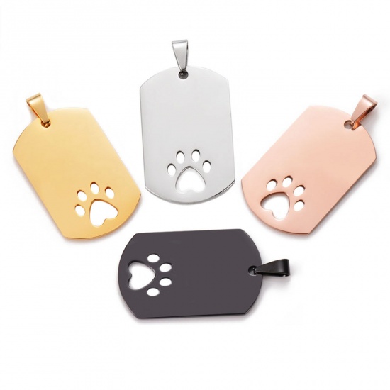 Picture of 201 Stainless Steel Blank Stamping Tags Charm Pendant Rectangle Paw Print Mirror Polishing 28mm x 45mm