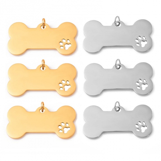 Picture of 201 Stainless Steel Pet Memorial Blank Stamping Tags Pendants Bone Paw Print Mirror Polishing 40mm x 20mm