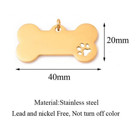 Picture of 201 Stainless Steel Pet Memorial Blank Stamping Tags Pendants Bone Paw Print Mirror Polishing 40mm x 20mm