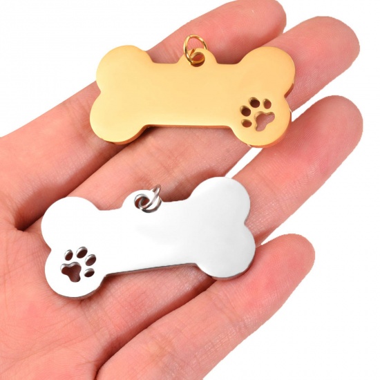 Picture of 201 Stainless Steel Pet Memorial Blank Stamping Tags Pendants Bone Paw Print Mirror Polishing 40mm x 20mm