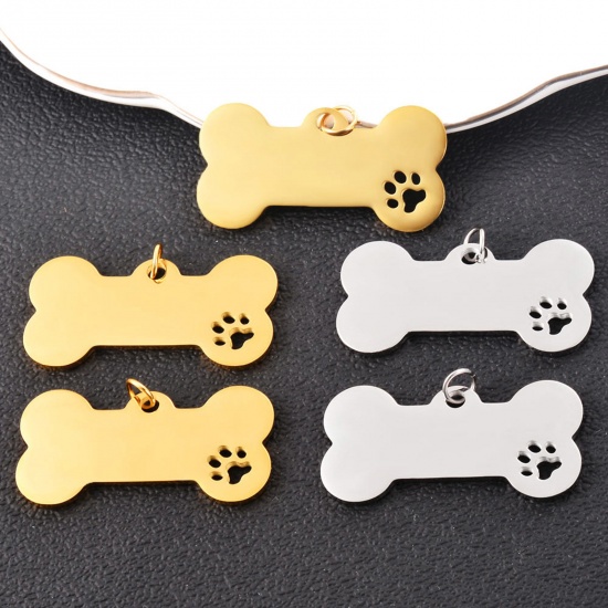 Picture of 201 Stainless Steel Pet Memorial Blank Stamping Tags Pendants Bone Paw Print Mirror Polishing 40mm x 20mm