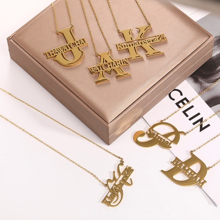 304 Stainless Steel Customized Name Necklace Personalized Letter Charm Pendant Gold Plated 45cm(17.7") long