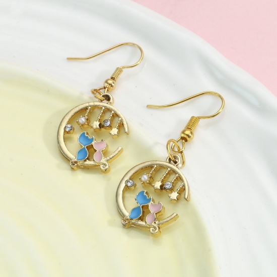 Picture of Zinc Based Alloy Charms Gold Plated Multicolor Half Moon Cat Enamel Clear Rhinestone 21mm x 17mm