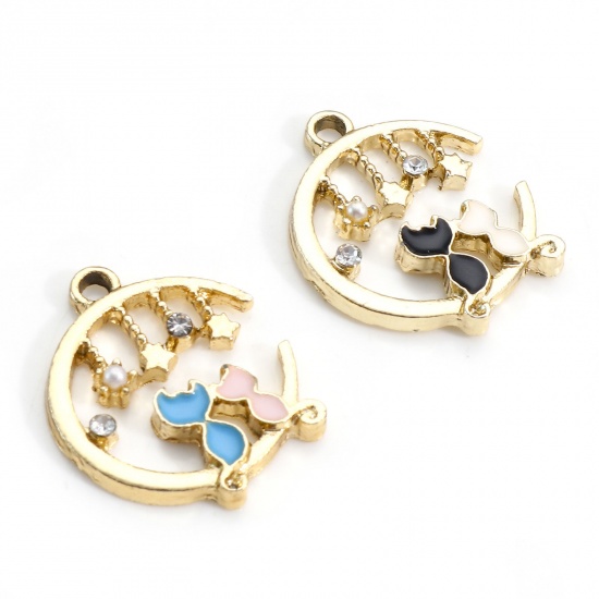 Picture of Zinc Based Alloy Charms Gold Plated Multicolor Half Moon Cat Enamel Clear Rhinestone 21mm x 17mm