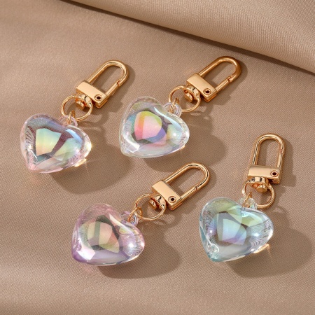 Acrylic AB Rainbow Color Aurora Borealis Keychain & Keyring Gold Plated Multicolor Heart