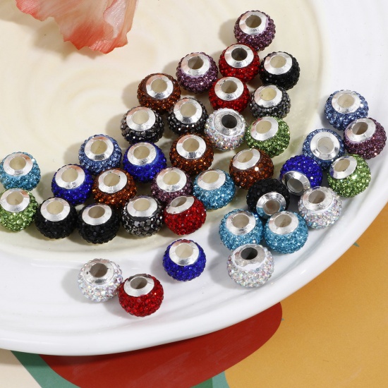 Picture of Polymer Clay European Style Large Hole Charm Beads Multicolor Round Rhinestone 13mm Dia.