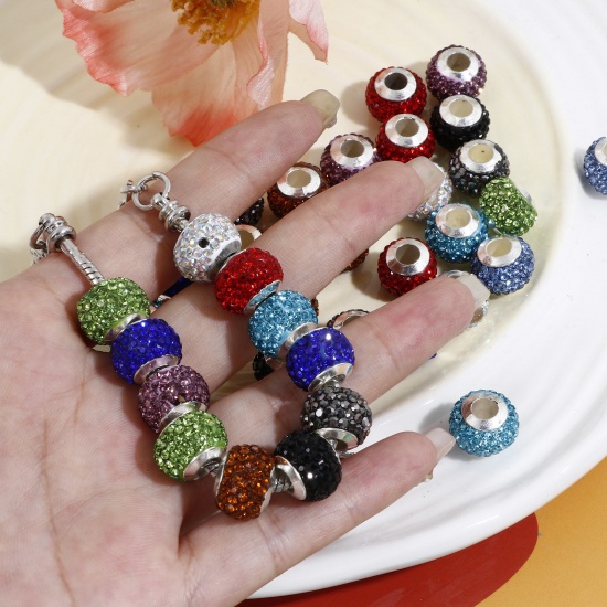 Picture of Polymer Clay European Style Large Hole Charm Beads Multicolor Round Rhinestone 13mm Dia.
