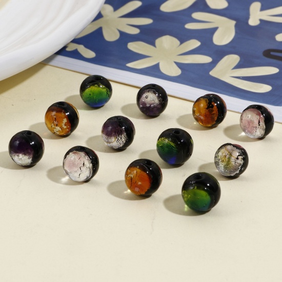 Picture of Lampwork Glass Beads For DIY Charm Jewelry Making Round Multicolor Foil About 10mm Dia