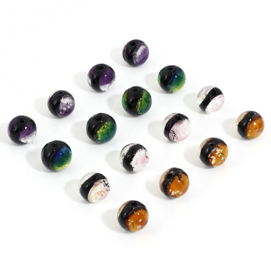 Picture of Lampwork Glass Beads For DIY Charm Jewelry Making Round Multicolor Foil About 10mm Dia