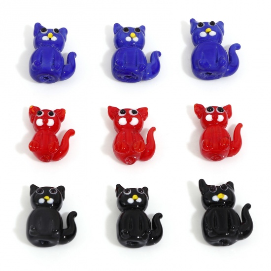 Picture of Lampwork Glass Beads For DIY Charm Jewelry Making Cat Animal Multicolor 3D About 19mm x 14mm
