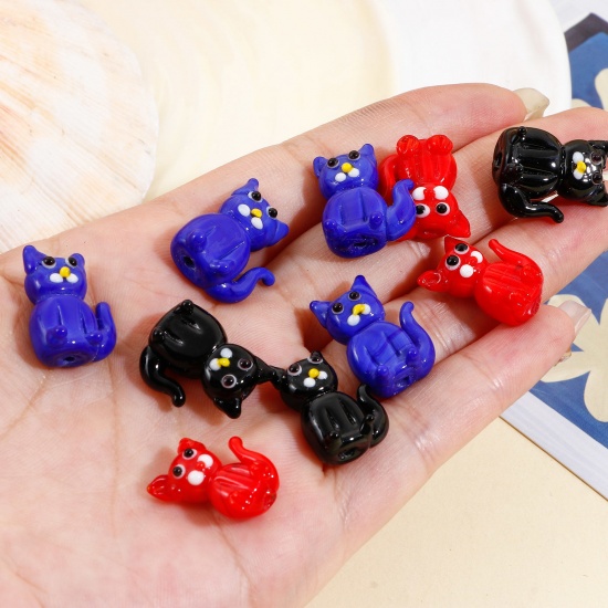 Picture of Lampwork Glass Beads For DIY Charm Jewelry Making Cat Animal Multicolor 3D About 19mm x 14mm