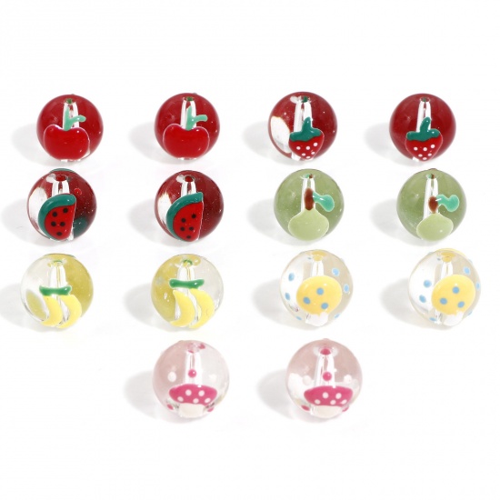 Picture of Lampwork Glass Beads For DIY Charm Jewelry Making Round Multicolor Fruit Enamel About 12mm Dia