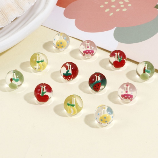 Immagine di 5 Pz Lampwork Vetro Perline per la Creazione di Gioielli con Ciondoli Fai-da-te Tondo Multicolore Frutta Disegno Smalto Circa 12mm Dia, Foro: Circa 1.4mm
