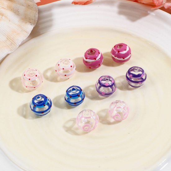 Immagine di Lampwork Vetro Perline per la Creazione di Gioielli con Ciondoli Fai-da-te Tondo Multicolore Polka Dot Disegno Smalto Circa 15mm Dia, Foro: Circa 2.5mm, 2 Pz