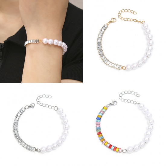 Picture of 304 Stainless Steel Splicing Bracelets Multicolor Rhinestone Imitation Pearl 17cm(6 6/8") long