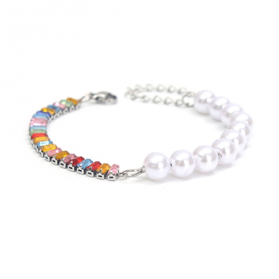 Picture of 304 Stainless Steel Splicing Bracelets Multicolor Rhinestone Imitation Pearl 17cm(6 6/8") long