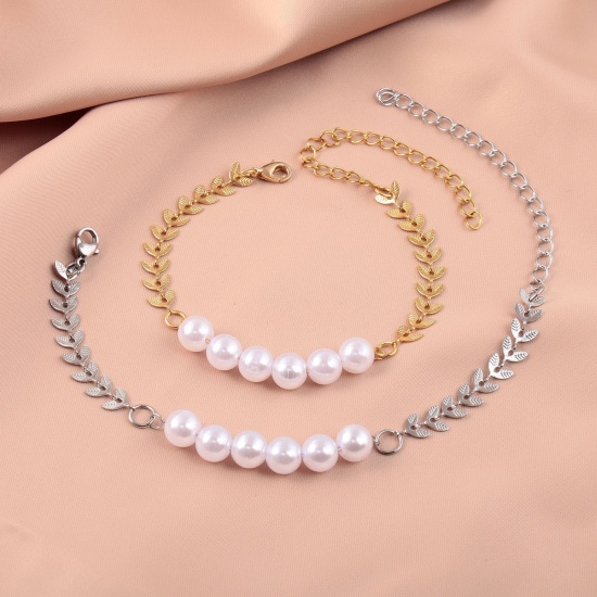 Picture of 304 Stainless Steel Bracelets Leaf Imitation Pearl 16cm(6 2/8") long