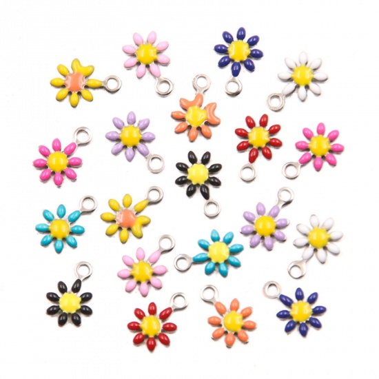 Picture of 304 Stainless Steel Flora Collection Charms Silver Tone Daisy Flower Enamel 10mm x 7mm