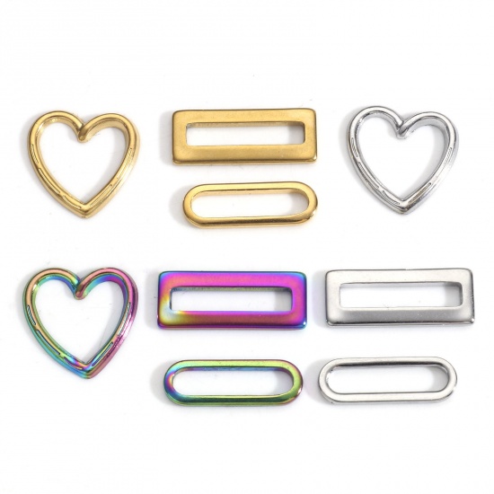 Picture of 5 PCs Vacuum Plating 304 Stainless Steel Connectors Charms Pendants Multicolor Rectangle Heart Hollow
