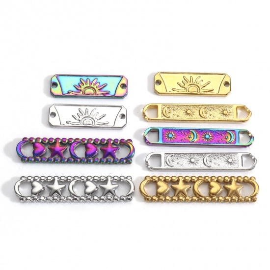 Picture of 3 PCs Vacuum Plating 304 Stainless Steel Connectors Charms Pendants Multicolor Rectangle Sun & Moon