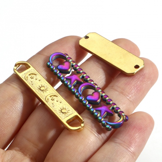 Picture of 3 PCs Vacuum Plating 304 Stainless Steel Connectors Charms Pendants Multicolor Rectangle Sun & Moon