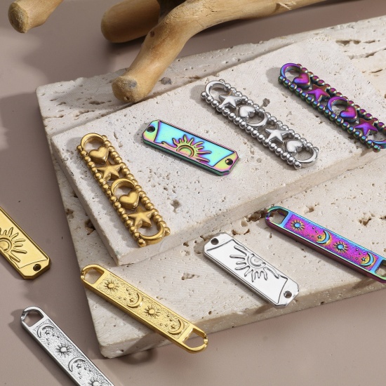 Picture of 3 PCs Vacuum Plating 304 Stainless Steel Connectors Charms Pendants Multicolor Rectangle Sun & Moon