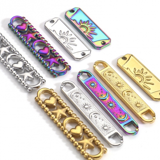 Picture of 3 PCs Vacuum Plating 304 Stainless Steel Connectors Charms Pendants Multicolor Rectangle Sun & Moon