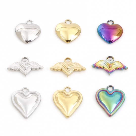 Picture of Eco-friendly Vacuum Plating 304 Stainless Steel Valentine's Day Charms Multicolor Heart Cabochon Settings