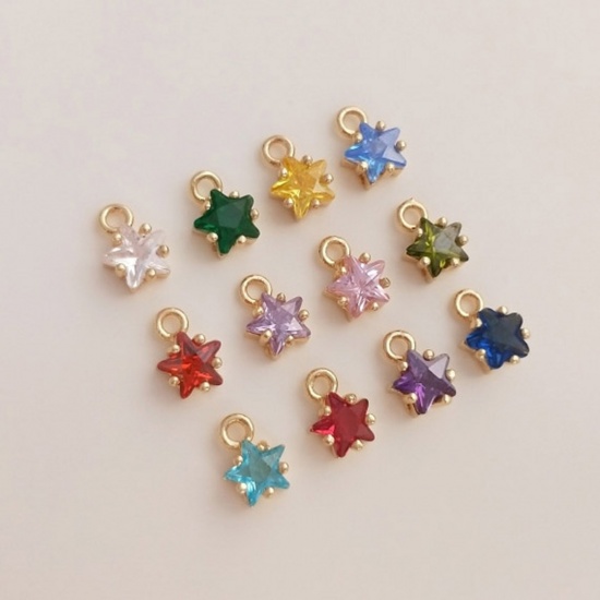 Imagen de Latón piedra del zodíaco Colgantes Charms Estrella 14K Oro Real Chappado Multicolor Circón Artificial 7.5mm x 5mm, 2 Unidades