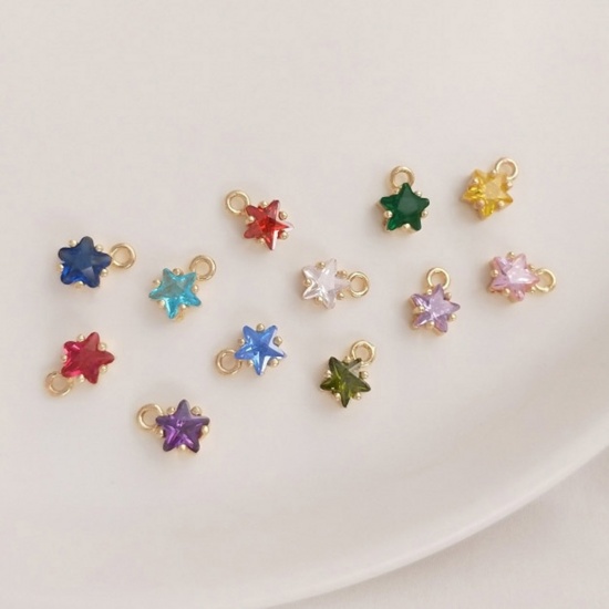 Imagen de Latón piedra del zodíaco Colgantes Charms Estrella 14K Oro Real Chappado Multicolor Circón Artificial 7.5mm x 5mm, 2 Unidades