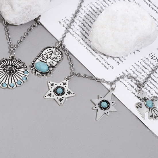 Picture of Zinc Based Alloy Boho Chic Bohemia Pendants Antique Silver Color Green Blue Thunderbird Eye With Resin Cabochons Imitation Turquoise