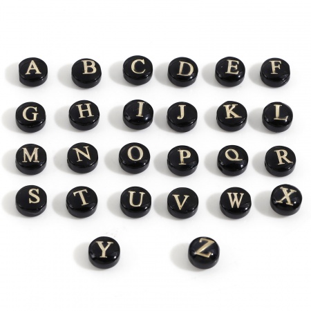 Natural Dyed Shell Loose Beads For DIY Jewelry Making Round Black Initial Alphabet/ Capital Letter Pattern Message " A-Z " Double Sided About 8mm Dia