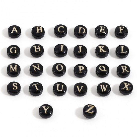 Picture of Natural Dyed Shell Loose Beads For DIY Charm Jewelry Making Round Black Initial Alphabet/ Capital Letter Pattern Message " A-Z " Double Sided About 8mm Dia