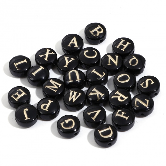 Picture of Natural Dyed Shell Loose Beads For DIY Charm Jewelry Making Round Black Initial Alphabet/ Capital Letter Pattern Message " A-Z " Double Sided About 8mm Dia