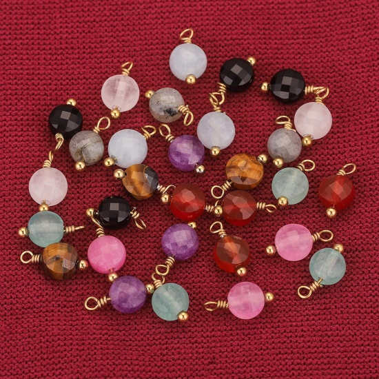 Bild von 2 Stück 304 Edelstahl & Stein Charms Rund Vergoldet Bunt 12mm x 6mm
