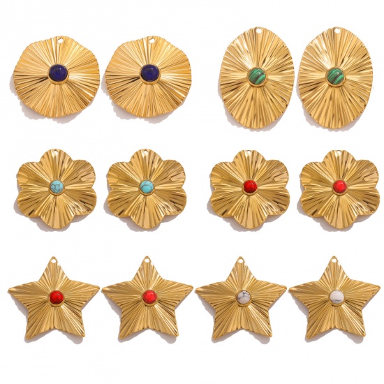 Picture of 304 Stainless Steel & Stone Boho Chic Bohemia Charms 18K Gold Plated Geometric 28mm x 40mm