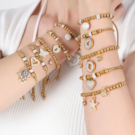 Immagine di Placcatura Sottovuoto Ecologica Squisito Elegante 18K Vero Oro Placcato 304 Acciaio Inossidabile & Strass Catena Cuore in Rilievo Braccialetti con Ciondoli Per Donne Festa 1 Pz