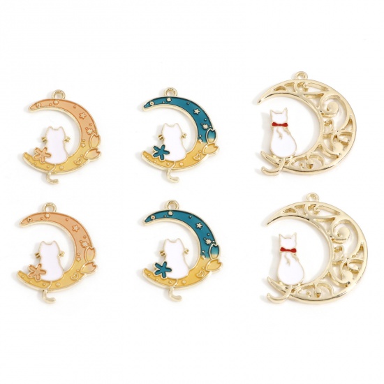 Picture of Zinc Based Alloy Galaxy Charms Gold Plated Half Moon Cat Enamel