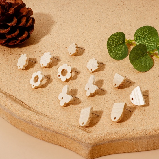 Picture of Fraxinus Wood Geometry Series Ear Post Stud Earrings Findings Creamy-White With Loop