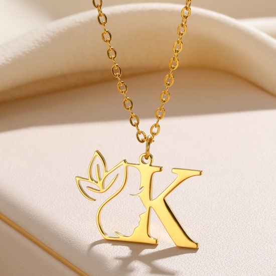 Picture of 304 Stainless Steel Rolo Chain Necklace Gold Plated Flower Vine Message " A-Z " Hollow 45cm(17 6/8") long
